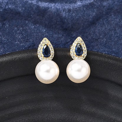 Серьги-гвоздики в форме капли с круглыми латунными микрофианитами, с пластиковой имитационной жемчужиной, стойки покрытие, без кадмия и без свинца