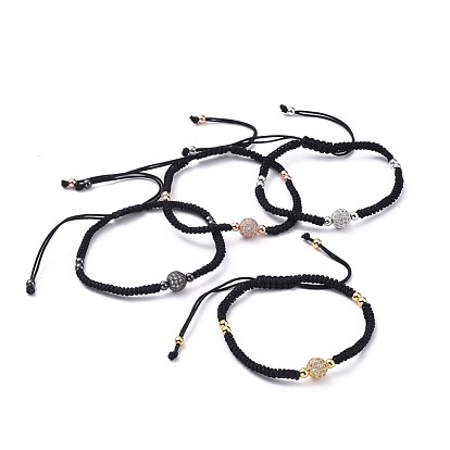 Adjustable Nylon Thread Braided Bead Bracelets, with Brass Micro Pave Cubic Zirconia Beads and Brass Beads, Round