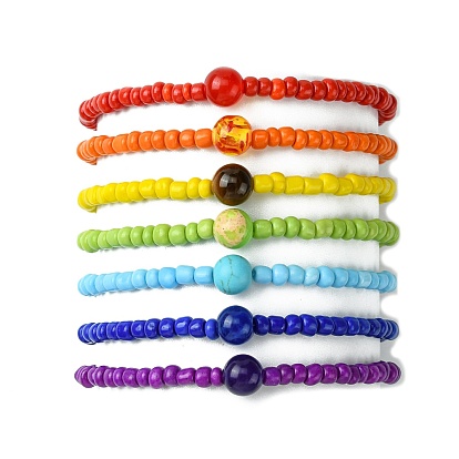 7Pcs 7 Style Natural & Synthetic Mixed Gemstone & Glass Seed Beaded Stretch Bracelets Set, Stackable Bracelets for Women