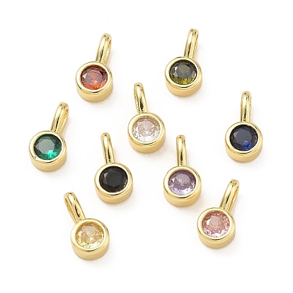 Brass Pave Cubic Zirconia Charms, Flat Round Charms, Single Stone Charms, Cadmium Free & Lead Free, Rack Plating, Long-Lasting Plated, E-Coating, Golden