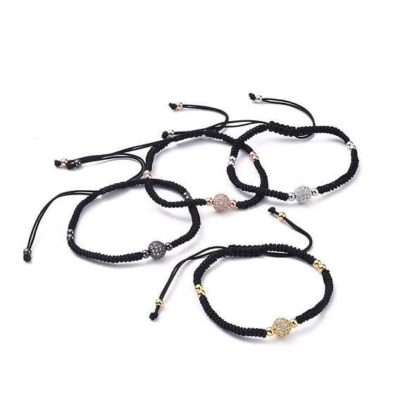 Adjustable Nylon Thread Braided Bead Bracelets, with Brass Micro Pave Cubic Zirconia Beads and Brass Beads, Round