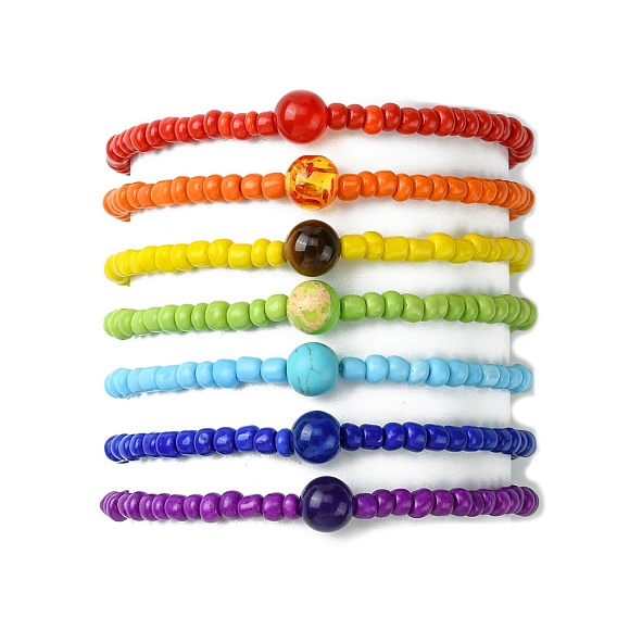 7Pcs 7 Style Natural & Synthetic Mixed Gemstone & Glass Seed Beaded Stretch Bracelets Set, Stackable Bracelets for Women