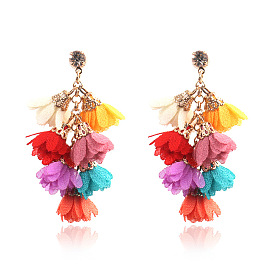 Bohemian Style White Flower Earrings with Multi-layer Tassels for Women's Fashion and Personality Jewelry