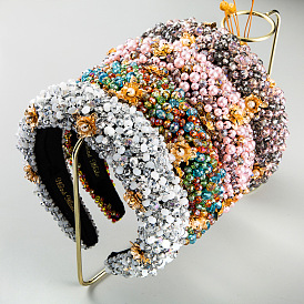 Thick Sponge Velvet Handmade Beaded Colorful Headband with Pearl Flower Decoration