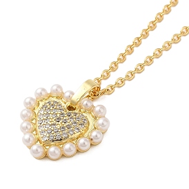 Brass Micro Pave Clear Cubic Zirconia Heart Pendant Necklaces for Women, with ABS Imitation Pearl