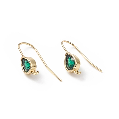 Real 18K Gold Plated Brass Earring Hooks, with Cubic Zirconia and Vertical Loops, Teardrop, Cadmium Free & Nickel Free & Lead Free