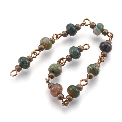 Handmade Gemstone Beaded Chains, Unwelded, with Brass Needle and Iron Beads, Antique Bronze