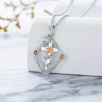 Alloy Colorful Rhinestone Rhombus with Floral Cross Pendant Necklaces for Women