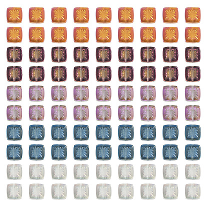 100шт 5 цвета гальваники прозрачные стеклянные бусины, квадратные с цветком, с половиным покрытием