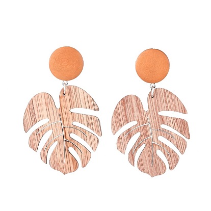 Pendientes colgantes de madera, con cuentas de peral, 304 hallazgos de aretes de acero inoxidable y tuercas de oreja de plástico, tema tropical, hoja de monstera