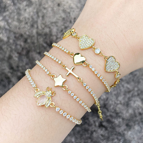 Регулируемые латунные браслеты-слайдеры с микро-паве из прозрачных кубических цирконий, ссылка браслеты, золотые