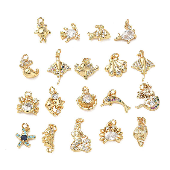 Ocean Brass Micro Pave Clear Cubic Zirconia Pendants, Sea Animals Charms, Real 18K Gold Plated