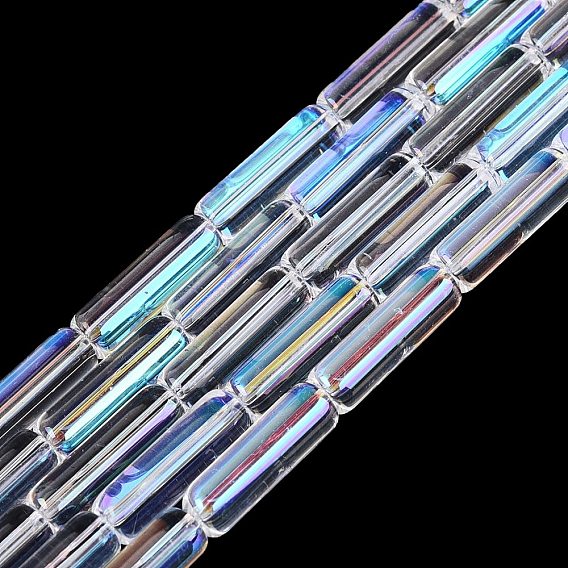Electroplate Transparent Glass Beads Strands, Tube, Rainbow Plated, Half Plated