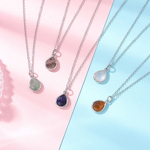 Кулон из натурального смешанного камня в форме капли 304 ожерелья из нержавеющей стали с цепочкой для женщин