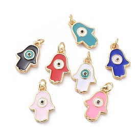 Cubic Zirconia Charms, with Brass Findings and Enamel, Hamsa Hand/Hand of Fatima/Hand of Miriam with Eye, Golden