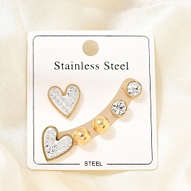 304 Stainless Steel Stud Earrings, Handmade Polymer Clay Rhinestones Stud Earrings, Heart, Ion Plating(IP)