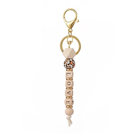 LOVE Wooden Beaded Pendant Keychain, with Alloy Lobster Claw Clasp, Cube & Round & Octagon