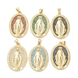 Латунные микро проложить кубического циркония подвески, стойки покрытие, долговечный, без свинца и без кадмия, овальные с рисунками " virgin mary", реальный 18 k позолоченный
