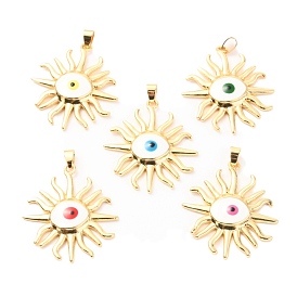Brass Enamel Pendants, Real 18K Gold Plated, Long-Lasting Plated, Sun with Evil Eye
