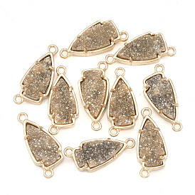 Natural Druzy Agate Links Connectors, with Brass Findings, Dyed, Arrows, Golden
