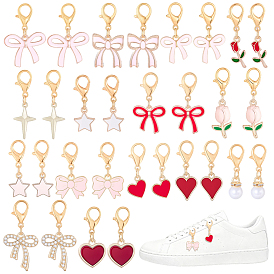 30Pcs 15 Styles Alloy Enamel & Rhinestone & Resin Pearl Shoe Charms, with Lobster Claw Clasps, Golden, Bowknot/Heart/Star
