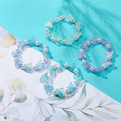 4Pcs 4 Color Acrylic Butterfly & Plastic Pearl Beaded Stretch Bracelets, Stackable Bracelets for Girls