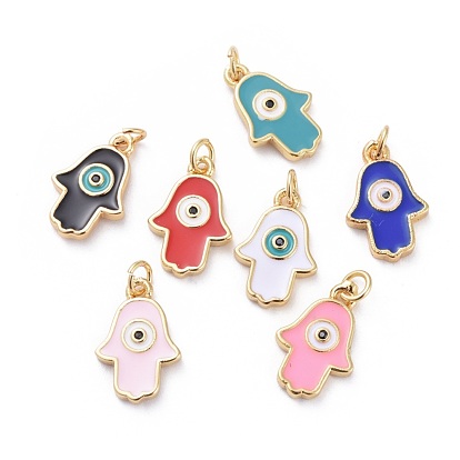 Cubic Zirconia Charms, with Brass Findings and Enamel, Hamsa Hand/Hand of Fatima/Hand of Miriam with Eye, Golden