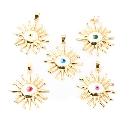 Brass Enamel Pendants, Real 18K Gold Plated, Long-Lasting Plated, Sun with Evil Eye