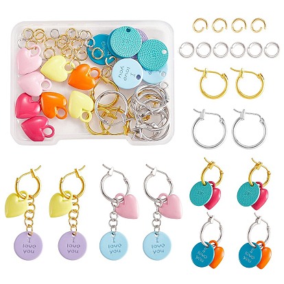DIY Love Dangle Earring Making Kits, Including Heart & Word Love You Alloy Charms, Brass Hoop Earrings