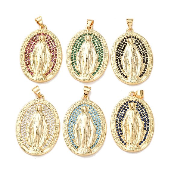 Латунные микро проложить кубического циркония подвески, стойки покрытие, долговечный, без свинца и без кадмия, овальные с рисунками " virgin mary", реальный 18 k позолоченный