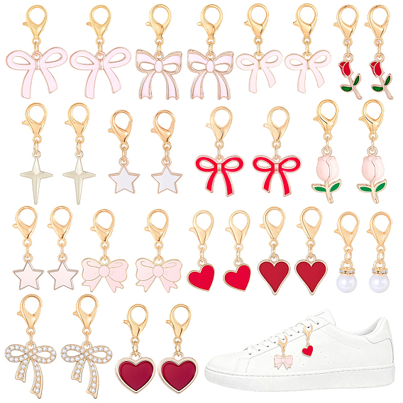 30pcs 15 styles breloques de chaussures en alliage émail, strass et résine perle, avec fermoir pince de homard, or, nœud papillon/cœur/étoile