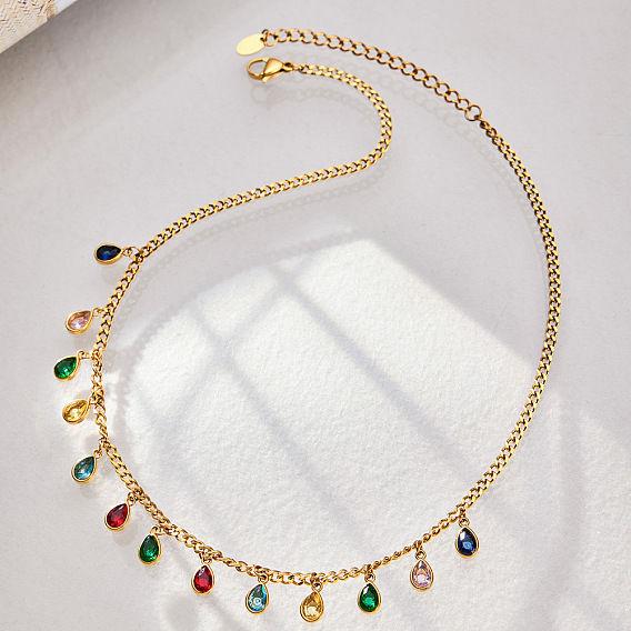 316L Surgical Stainless Steel Pave Cubic Zirconia Milti Teardrop Pendant Bib Necklaces for Women