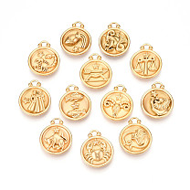304 Stainless Steel Pendants, Flat Round with Twelve Constellations Charms, Real 18K Gold Plated, Ion Plating(IP)