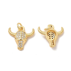 Rack Plating Brass Micro Pave  Cubic Zirconia Pendants, with Jump Rings, Cadmium Free & Lead Free, Cattle