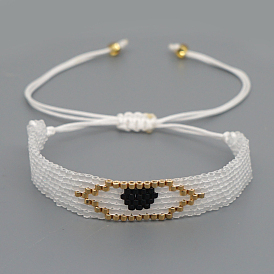 Glass Seed Braided Bead Bracelet, Flat Band with Evil Eye Protection Lucky Bracelet for Women