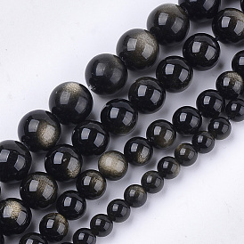 Natural Golden Sheen Obsidian Beads Strands, Grade A, Round