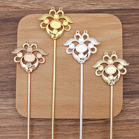 Lotus Alloy Hair Sticks Findings, Cabochons Settings, with Iron Sticks and Loop