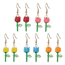 Круглые стеклянные бусины класса А, серьги-подвески в виде цветка, с прозрачными акриловыми подвесками и 304 булавками с плоской головкой из нержавеющей стали и 304 крючками для сережек из нержавеющей стали, золотые