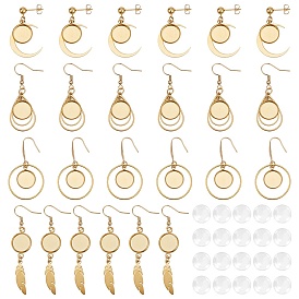 8 Pairs 4 Style 304 Stainless Steel Earring Hooks, Ear Wire with Round Trays, Teardrop & Ring & Feather & Moon