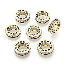 Alloy European Beads, Large Hole Beads, with Rhinestone, Flat Round