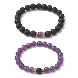 Natural Amethyst & Lava Rock Round Beaded Stretch Bracelets for Women, Brass Rhinestone Bracelets