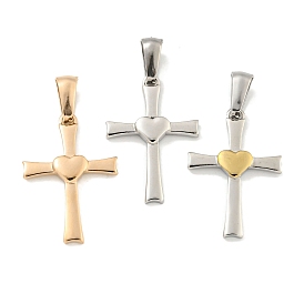 304 Stainless Steel Pendants, Cross with Heart Charm