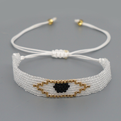 Glass Seed Braided Bead Bracelet, Flat Band with Evil Eye Protection Lucky Bracelet for Women