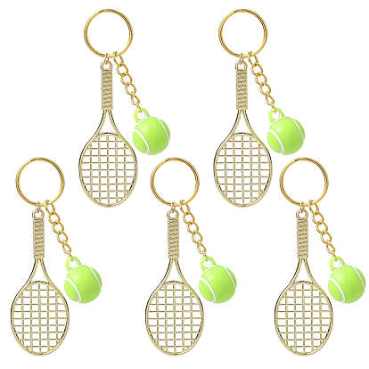 5 Porte-clés raquette de tennis en acrylique opaque avec alliage, avec porte-clés fendus