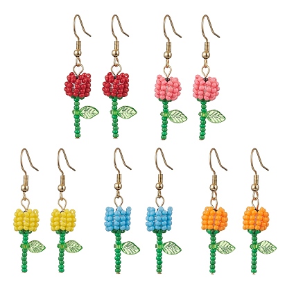 Круглые стеклянные бусины класса А, серьги-подвески в виде цветка, с прозрачными акриловыми подвесками и 304 булавками с плоской головкой из нержавеющей стали и 304 крючками для сережек из нержавеющей стали, золотые