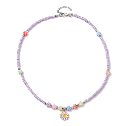 Alloy Enamel Daisy Pendant Necklaces, Glass Seed Bead Necklaces