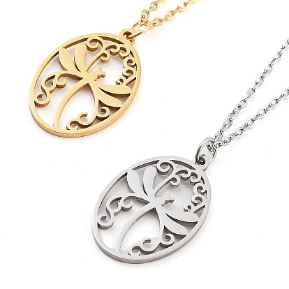 304 Stainless Steel Pendant Necklaces, Cable Chains, Oval with Dragonfly