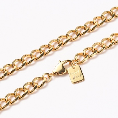 Men's Brass Cuban Link Chain Necklaces, with Lobster Claw Clasps, Long-Lasting Plated, Word Good Luck