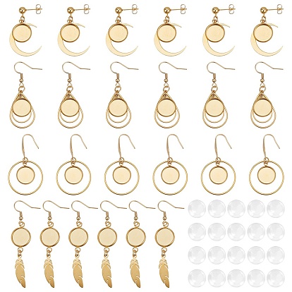 8 Pairs 4 Style 304 Stainless Steel Earring Hooks, Ear Wire with Round Trays, Teardrop & Ring & Feather & Moon