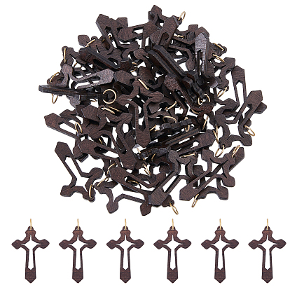 50 Подвески из креста из дерева, с открытыми пружинными кольцами из нержавеющей стали 304